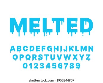 Melting font. Blue liquid, flowing english alphabet with drops and drips, thawing latin letters and numbers, fluid typography, fused deformation, topping lettering vector flat isolated set