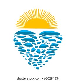 Melting frozen heart, on the background of the hot sun. Original vector illustration on the theme of love.