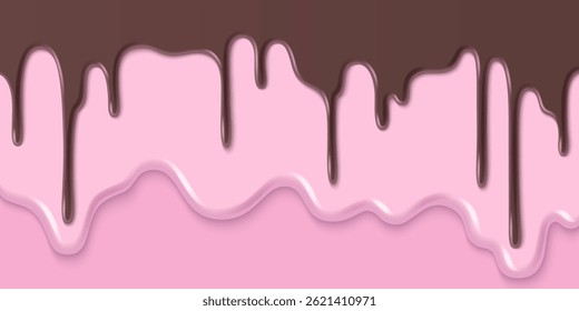 Melting fruit and chocolate ice cream texture. Vector realistic illustration of liquid sweet flow, brown and pink paint splash, seamless dessert glaze border, creamy yogurt, choco frosting layer