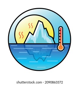 Melting glacier illustration, global warming arctic landscape concept, underwater floating iceberg with hot sun and thermometer, climate change circular outline icon symbol.