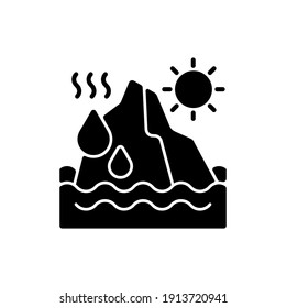 Melting glaciers black glyph icon. World ocean level rising process. Iceberg diseapiring problem. People damaging climate. Silhouette symbol on white space. Vector isolated illustration