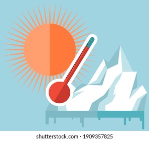 Melting glaciers due to global warming. Rising air and water temperatures displayed on thermometer. Sun heats surface of Earth. Planet heats up and causes glaciers to melt and water levels rise