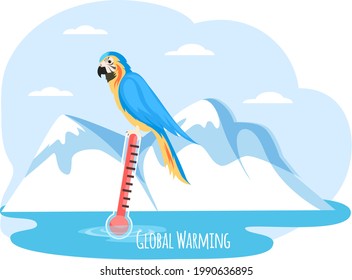 Melting glaciers due to global warming. Rising air and water temperatures displayed on thermometer. Colored parrot inhabitant of hot climate sits in an Antarctic cold landscape with iceberg and snow