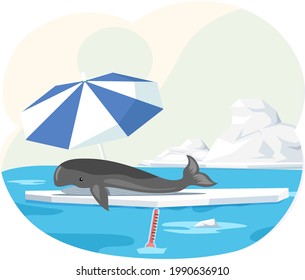 Melting glaciers due to global warming. Rising air and water temperatures displayed on thermometer. Whale lies on an ice floe under beach umbrella in an Antarctic cold landscape with iceberg and snow