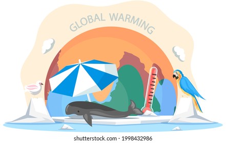 Melting glaciers environmental problem of north pole. Animals in global warming. Whale lies on an ice floe under beach umbrella in Antarctic cold landscape with parrot and seagull, iceberg and snow