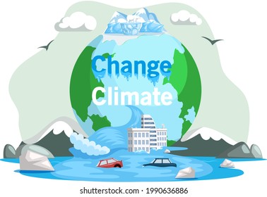 Melting glaciers, global warming, sea level rose and flooded cities, ecological catastrophy. Saving Earth and environmental care. Earth with reasons of destroying. Planet suffers from human activity