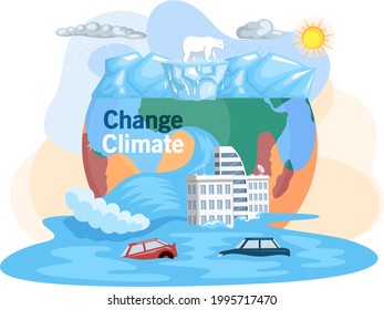 Melting glaciers, global warming, sea level rose and flooded cities, ecological catastrophy. Saving Earth and environmental care. Earth with reasons of destroying. Planet suffers from human activity