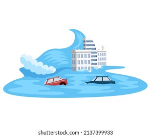 Melting glaciers, global warming, sea level rose and flooded cities, cars and tall houses sink in water stream, ecological catastrophy. Saving Earth and environmental care. Destruction of planet