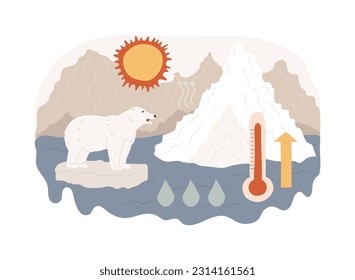 Melting glaciers isolated concept vector illustration. Polar ice caps melting, mountain glacier disappearing cause, raising sea level, global warming, world temperature rise vector concept.