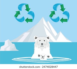 Melting glaciers and a polar bear and his cub. Global warming and the importance of recycling.