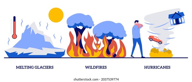 Melting Glaciers, Wildfires, Hurricanes Concept With Tiny People. Natural Disaster Abstract Vector Illustration Set. Raising Sea Level, Global Warming, Forest Fires, Tropical Storm Metaphor.