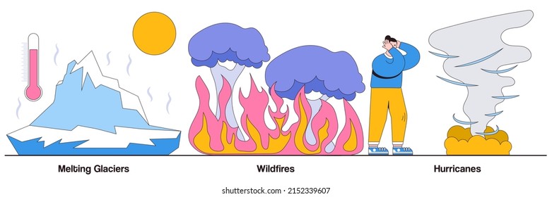 Melting Glaciers, Wildfires, Hurricanes Concepts With People Characters. Natural Disaster Abstract Vector Illustrations Pack. Raising Sea Level, Global Warming, Forest Fires, Tropical Storm Metaphor.