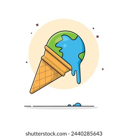 Melting Globe Cone Ice Cream  Vector Illustration. Food Object Concept Design