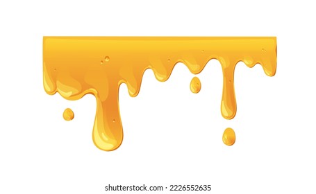 Melting gold amber honey wave. Sticky caramel syrup dripping, flowing down with streams and liquid sugar drops. Fluid molten candy. Flat graphic vector illustration isolated on white background