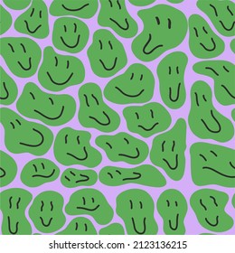 Melting green emoticons. Seamless pattern, vector illustration. Hand drawn cartoon, flat design. Template for print, cover