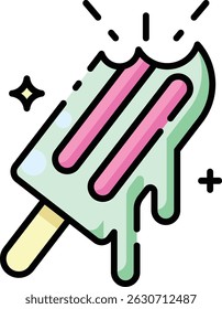Derretimento de picolé verde com listras cor-de-rosa ícone adequado para projetos de verão, ilustrações de alimentos, conceitos refrescantes e fundos coloridos.