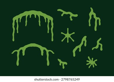 Melting green slime toxic drip element pack illustration. Isolated collection of slimy ooze puddles, dripping liquid curtains, and splattered radioactive waste icons on a dark background