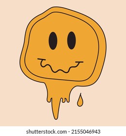 Melting groovy smile. Dripping smile. Smile icon. Yellow smile. Good mood. Vector emoji.