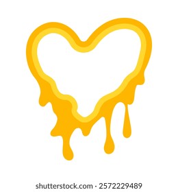 melting heart icon in yellow, dripping honey frame, liquid honey, melting honey, honey syrup with heart, drops and splashes