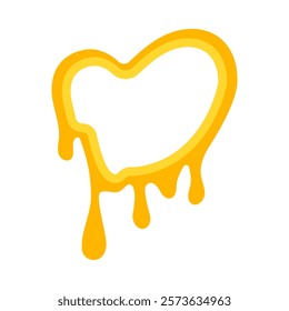 melting heart icon in yellow, dripping honey frame, liquid honey, melting honey, honey syrup with heart, drops and splashes