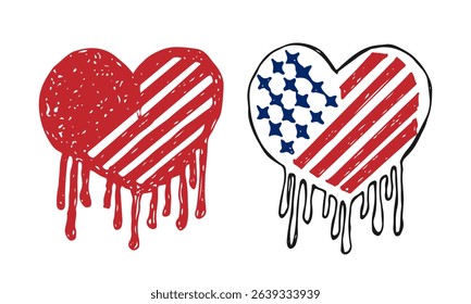 Melting heart illustration hand-drawn with distressed American flag design.