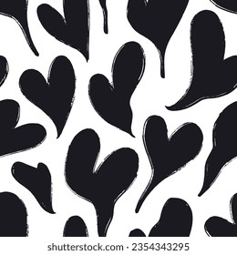 Melting hearts silhouettes seamless pattern. Brush drawn doodle hearts in groovy cartoon style. Funky pattern and texture in trendy retro 60s 70s cartoon style. Monochrome romantic background.