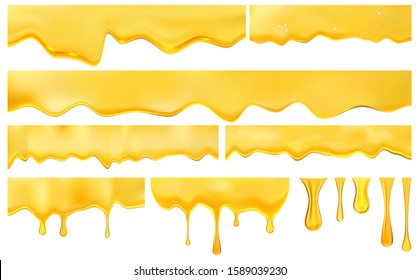 Melting honey drops realistic set isolated vector illustration. Golden yellow realistic syrup, drops honey or juice. Honey syrup for desserts or cafeteria on white background