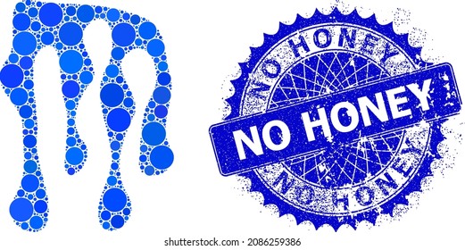 Mezcla de mosaicos vectoriales de miel de puntos redondos de diferentes tamaños y tonos azules, y texturizado No Honey sello. El sello de rosette agudo redondo azul contiene la leyenda No Honey en el interior.