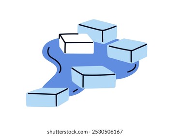 Melting ice blocks, thawing into water puddle. Frozen cold blocks change from solid to liquid, high temperature. Warming, heating, defrosting. Flat vector illustration isolated on white background