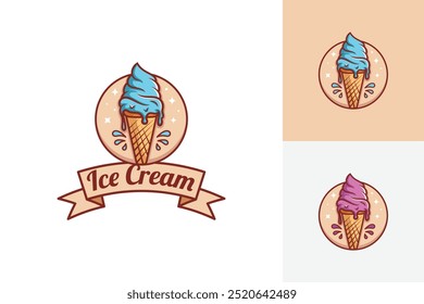Melting ice cream badge logo design. vector illustration of ice cream cone design