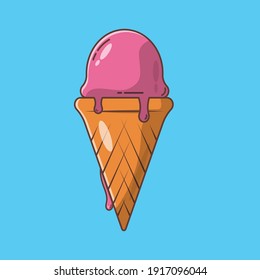 Melting ice cream ball in the cone isolated on blue background. Vector flat outline icon. Cartoon style illustration for t-shirt and sticker design