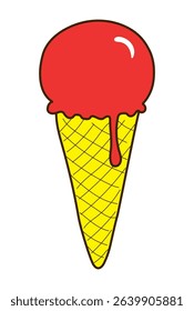 Melting ice cream ball in wafer cone hand drawn illustration, isolated vector. Line art style design. Summer clip art, seasonal element, print. Frozen food, dessert, sweet treat, beach activity, party