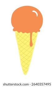 Melting ice cream ball in wafer cone hand drawn illustration, isolated vector. Flat style design. Summer clip art, seasonal element, print. Frozen food, dessert, sweet treat, beach activity, party