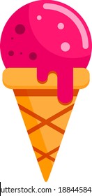 Melting ice cream ball in the waffle cone. Isolated vector illustration, flat outline icon. Comic character in cartoon style for t shirt design or sticker