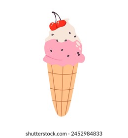 Melting ice cream ball in the waffle cone isolated on white background. Vector flat illustration