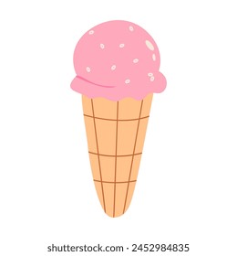 Melting ice cream ball in the waffle cone isolated on white background. Vector flat illustration