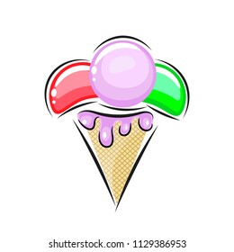 Melting ice cream balls in the waffle cone isolated on white background. Vector flat icon.