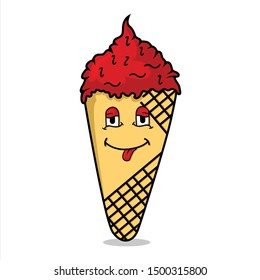 Melting ice cream balls in the waffle cone isolated on white background. Vector flat outline icon.