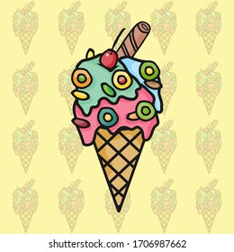 Se derriten bolas de helado en el cono de gofre aisladas sobre fondo amarillo. Icono de contorno plano vectorial. Caricatura en ilustración de estilo caricaturista para diseño de camisetas