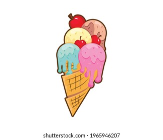 Melting ice cream balls in the waffle with red cherries isolated on the white background. Multicolor pink, green, yellow, brown ice balls on the cone. Flat vector icon clip art. Comic art for t-shirt