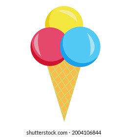 Melting ice cream balls in the waffle cone isolated on white background. Vector flat outline icon.