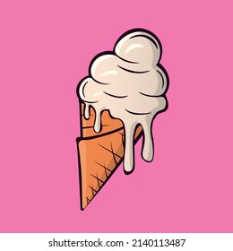 Fundiendo bolas de helado en el cono de gofre aisladas en fondo rosado. Icono de contorno plano vectorial. Caracter cómico en ilustración de estilo de dibujos animados para diseño de camisetas