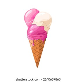 Melting ice cream balls in the waffle cone isolated on white background. Vector