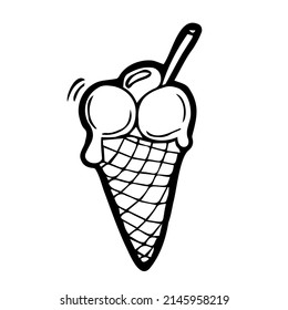 Melting ice cream balls in the waffle cone isolated on white background. Vector flat outline icon. Comic character in cartoon style illustration for t shirt design