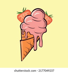 Melting ice cream balls in the waffle cone with strawberry slice isolated on yellow background. Vector flat outline icon. Comic character in cartoon style illustration for design