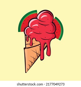 Melting ice cream balls in the waffle cone with watermelon slice isolated on yellow background. Vector flat outline icon. Comic character in cartoon style illustration for design