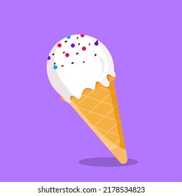 Melting ice cream balls in the waffle cone in bright cartoon style vector icone