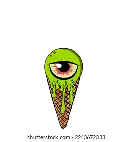 Melting ice cream balls in waffle cone isolated on white background. Vector flat line icon. Comic character in cartoon style illustration for t-shirt design