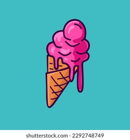 Fundiendo bolas de helado en el cono de gofre aisladas en fondo azul. Icono de contorno plano. Caracter cómico en ilustración de estilo de dibujos animados para diseño de camisetas