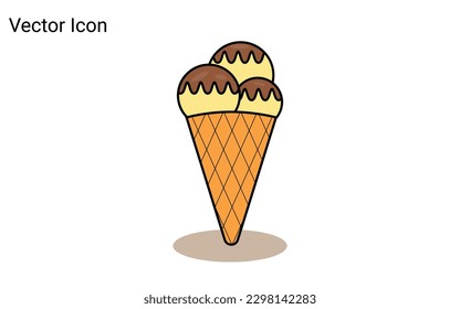 Melting ice cream balls in the waffle cone isolated on pink background. Vector flat outline icon.